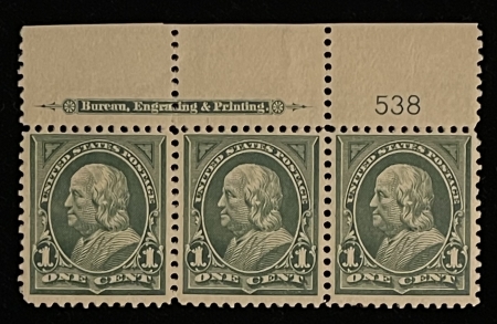 U.S. Stamps SCOTT #279, 1c GREEN, PLATE # IMPRINT STRIP OF 3, MOG-VVLH, VF+ & REALLY FRESH
