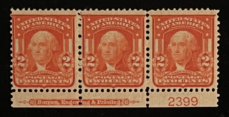U.S. Stamps SCOTT #319 2c CARMINE, PLATE # IMPRINT STRIP OF 3, MOGNH, FINE, PO FRESH-CAT $55