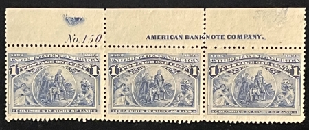 U.S. Stamps SCOTT #230 1c BLUE, PLATE # IMPRINT STRIP OF 3, MOGNH, VF+ JUMBO-A BEAUTY!