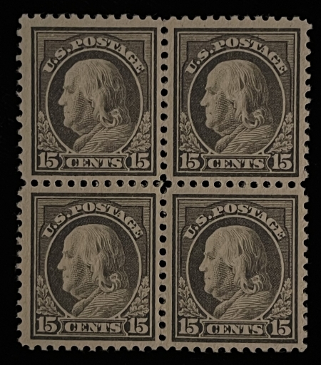 U.S. Stamps SCOTT #514, 15c GRAY, BLOCK OF 4, MOG-VLH (TOP 2) & NH (BOTTOM 2); FRESH & VF+
