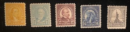 U.S. Stamps SCOTT #562-566, 10c-15c 1922-25 PERF 11 DEFINITIVES (5), MOG-NH, #562 LH-CAT $69