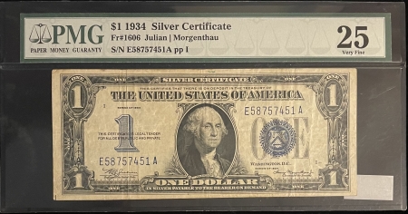 Small Silver Certificates 1934 $1 SILVER CERTIFICATE, FR-1606, PMG VF-25
