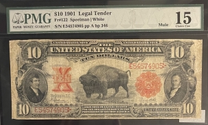 Large U.S. Notes 1901 $10 LEGAL TENDER UNITED STATES NOTE, “BISON”, MULE, FR-122, PMG CH. FINE-15