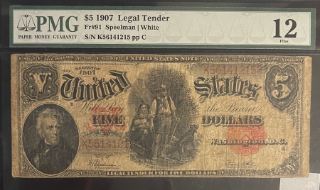 Large U.S. Notes 1907 $5 LEGAL TENDER, UNITED STATES NOTE, “WOOD CHOPPER”, FR-91, PMG FINE-12