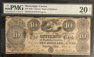 Obsolete Notes 1838 $10 ISSUED OBSOLETE, CITIZENS BANK OF MADISON-CANTON, MISSISSIPPI, PMG VF20