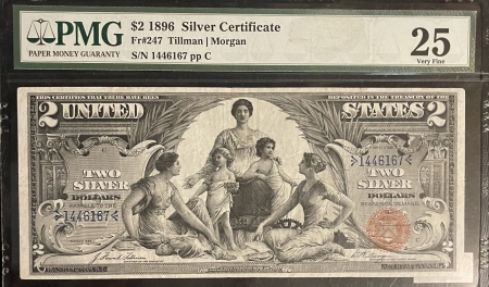 Large Silver Certificates 1896 $2 “EDUCATIONAL” SILVER CERTIFICATE, FR-247, PMG VF-25, BRIGHT-GREAT COLOR!