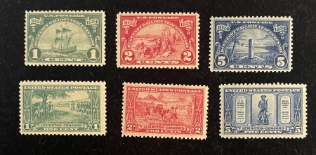 U.S. Stamps SCOTT #614-619, 1c-5c HUGUENOT & LEXINGTON CONCORD ISSUES (6), MOGNH; VF & FRESH