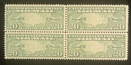 Air Post Stamps SCOTT #C-9 20c GREEN, BLOCK OF 4, MOG-NH, VF & P.O. FRESH; CATALOG $50