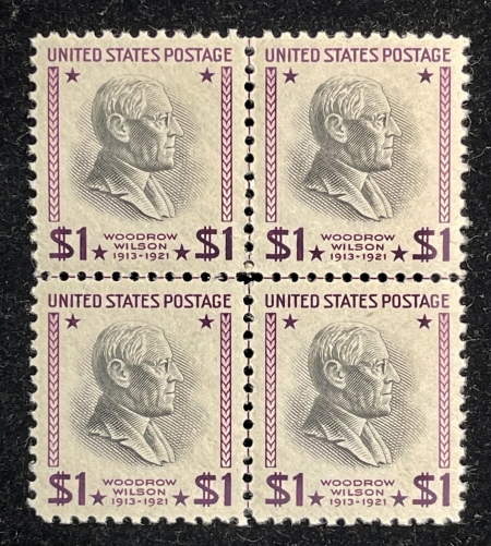 U.S. Stamps SCOTT #832 $1 WILSON PURPLE & BLACK, CENTERLINE BLOCK OF 4, MOG-NH, PO FRESH VF+