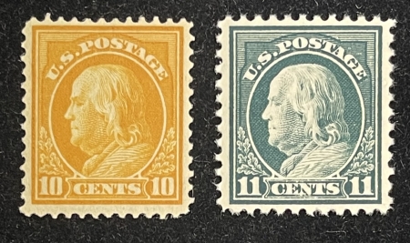 U.S. Stamps SCOTT #510, 511, 10c ORANGE-YELLOW, MOG-VLH, 11c DARK GREEN, MOG-NH, F/VF
