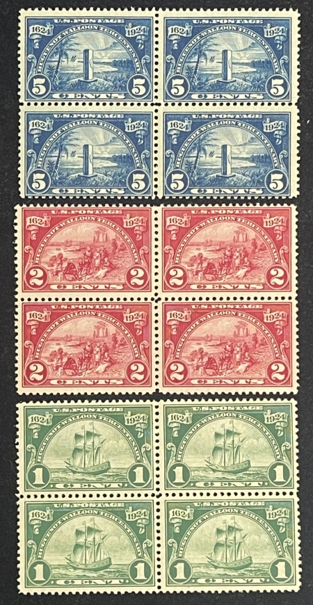 U.S. Stamps SCOTT #614-616 1c-5c HUGUENOT WALLOON BLOCKS OF 4, MOG-NH, FINE & FRESH-CAT $155
