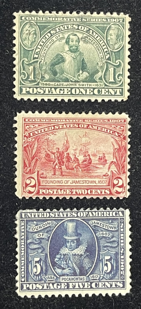 U.S. Stamps SCOTT #328-330 JAMESTOWN SET-1c USED, 2c MOG-HHR, 5c MOG, CORNER THIN-CAT $164