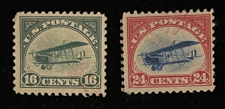 U.S. Stamps SCOTT #C-2 & C-3; 16c GREEN & 24c CARMINE/BLUE; USED w/ LIGHT CANCELS; CAT $70