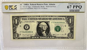 U.S. Currency 1988-A $1 FRN EXPERIMENTAL WEB PRESS, ATLANTA FR1917F, F-N BLOCK PCGS GEM 67 PPQ