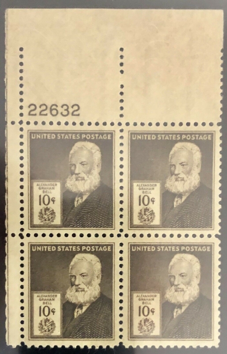 U.S. Stamps SCOTT #893 10c BROWN, PLATE BLOCK OF 4, MNH, OG, SUPERB, CAT $40 – APS MEMBER