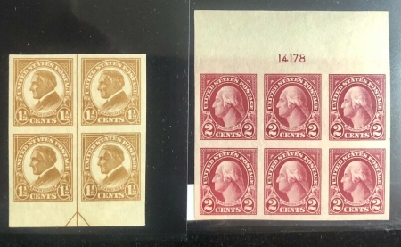 U.S. Stamps SCOTT #577 & #576 2c RED & 1 1/2c BROWN PLT BLOCKS (2), VF+, MOG, NH -APS MEMBER