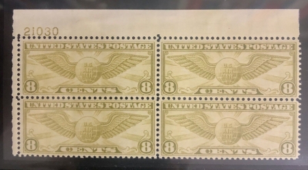 U.S. Stamps SCOTT #C-17 8c OLIVE, PLATE BLOCK, F/VF, MOGNH, CAT $37.50, PO FRESH-APS MEMBER