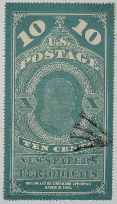 U.S. Stamps SCOTT #PR-2a 10c GREEN, THIN HARD PAPER, HR & ADHESIVE W/ THIN, USED, CAT $2000