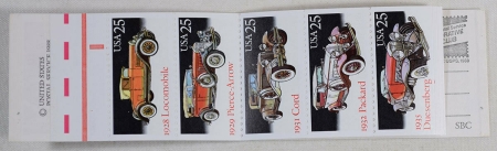 U.S. Stamps BK-164 CLASSIC CARS 25c ORIGINAL BOOK OF 20. CV $15