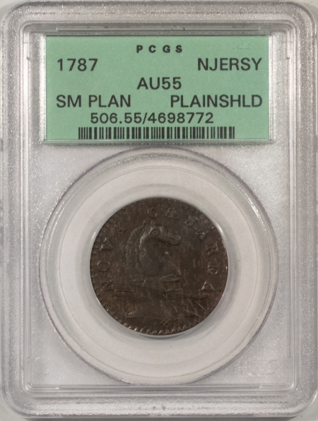 New Store Items 1787 NEW JERSEY COLONIAL COPPER, SMALL PLANCHET, PLAIN SHIELD – PCGS AU-55 OGH