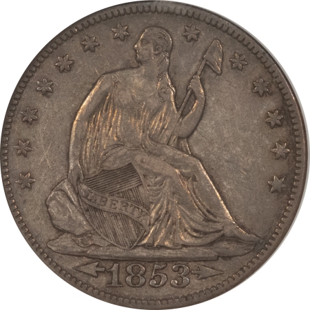 Half Dollars 1853 LIBERTY SEATED HALF DOLLAR – ARROWS & RAYS ANACS EF-45 OLD HOLDER, ORIGINAL