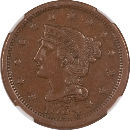 Braided Hair Large Cents 1854 BRAIDED HAIR LARGE CENT – NGC AU-55 BN, SMOOTH, WELL STRUCK!