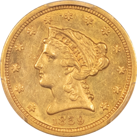 $2.50 1859-S $2.50 LIBERTY GOLD – PCGS AU-55 RARE UNDER 100 KNOWN!