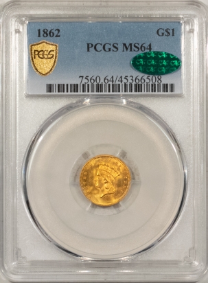 $1 1862 GOLD DOLLAR, TYPE 3, PCGS MS-64 CAC, BLAZING FRESH LUSTER & PQ++ LOOKS GEM!