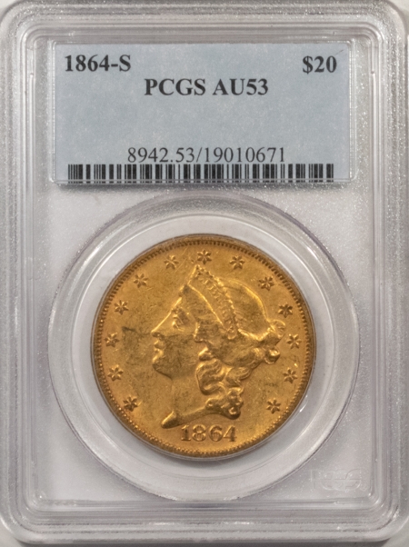 $20 1864-S $20 LIBERTY GOLD – PCGS AU-53, ORIGINAL & NICE!