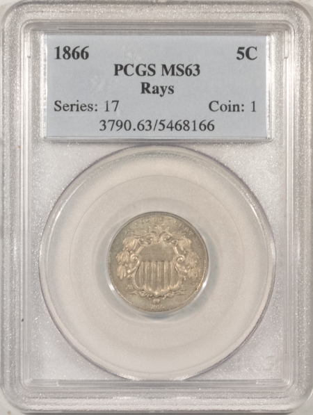 New Certified Coins 1866 SHIELD NICKEL, RAYS – PCGS MS-63, CHOICE!