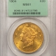 $20 1905 $20 LIBERTY GOLD – PCGS AU-58, VERY SCARCE DATE!