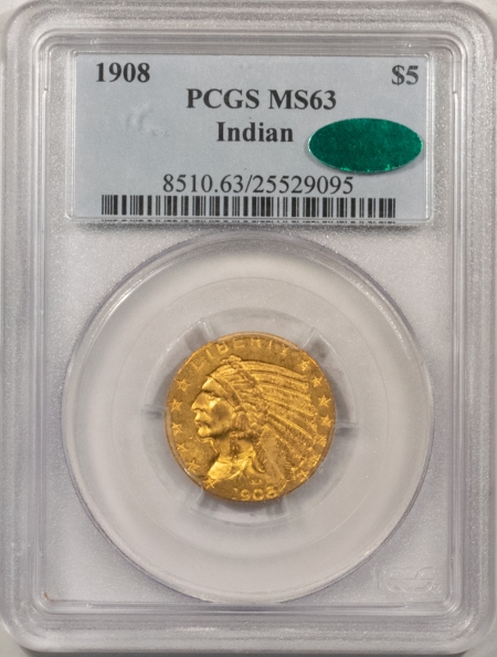 New Store Items 1908 $5 INDIAN GOLD – PCGS MS-63, FRESH, PQ & CAC APPROVED!