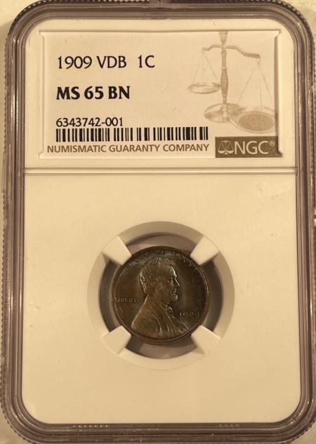 Lincoln Cents (Wheat) 1909 VDB LINCOLN CENT – NGC MS-65 BN, PRETTY GEM!