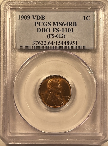 Lincoln Cents (Wheat) 1909 VDB LINCOLN CENT, DDO FS-1101 (FS-012) – PCGS MS-64 RB, PREMIUM QUALITY!