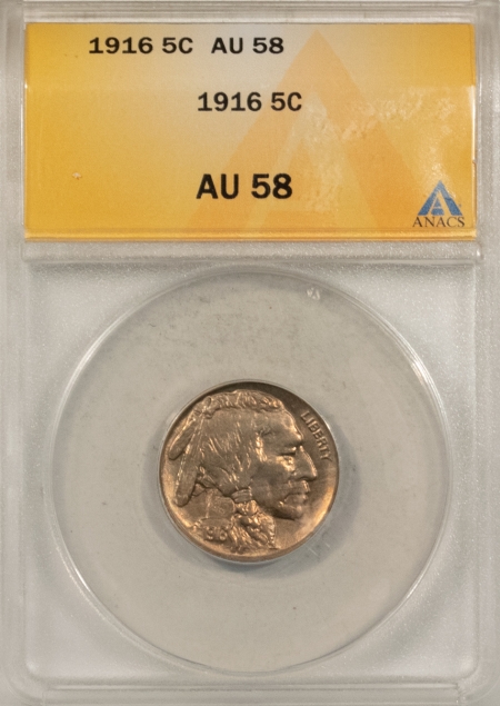 Buffalo Nickels 1916 BUFFALO NICKEL – ANACS AU-58, NICE & LOOKS UNC!