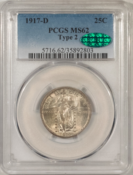 CAC Approved Coins 1917-D STANDING LIBERTY QUARTER, TY II – PCGS MS-62, ORIGINAL, PQ & CAC APPROVED