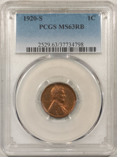 Lincoln Cents (Wheat) 1920-S LINCOLN CENT – PCGS MS-63 RB, LOTS OF RED!