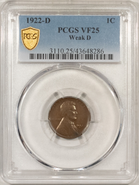 New Store Items 1922-D LINCOLN CENT, WEAK D – PCGS VF-25