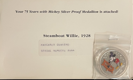 Exonumia DISNEY .999 SILVER ROUND-2003 MICKEY “STEAMBOAT WILLIE, 1928” – PROOF/ ORG CARD!