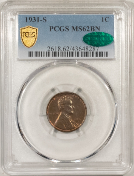 CAC Approved Coins 1931-S LINCOLN CENT – PCGS MS-62 BN, SUPER PREMIUM QUALITY! CAC APPROVED!