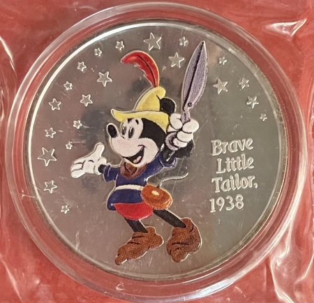Exonumia DISNEY .999 SILVER ROUND-2003 MICKEY “BRAVE LITTLE TAILOR 1938”,PROOF/ ORG CARD!