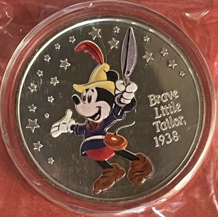 Exonumia DISNEY .999 SILVER ROUND-2003 MICKEY “BRAVE LITTLE TAILOR 1938”,PROOF/ ORG CARD!