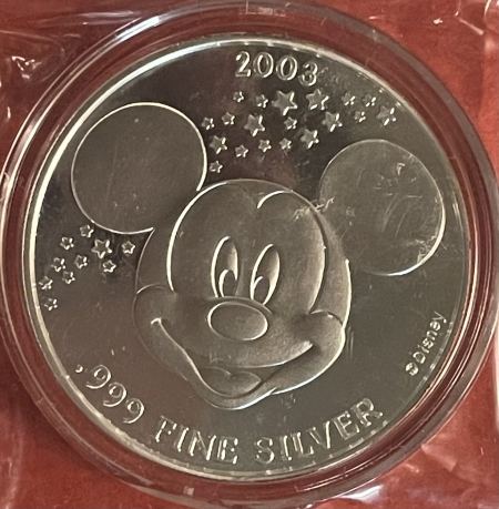 Exonumia DISNEY .999 SILVER ROUND-2003 MICKEY “BRAVE LITTLE TAILOR 1938”,PROOF/ ORG CARD!
