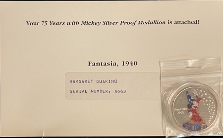 New Store Items DISNEY .999 SILVER ROUND – 2003, MICKEY “FANTASIA, 1940” – PROOF/ ORG CARD!