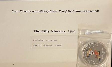 Exonumia DISNEY .999 SILVER ROUND-2003 MICKEY “THE NIFTY NINETIES, 1941” PROOF/ ORG CARD!
