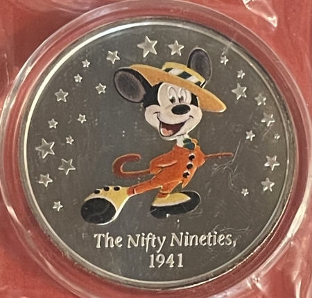 Exonumia DISNEY .999 SILVER ROUND-2003 MICKEY “THE NIFTY NINETIES, 1941” PROOF/ ORG CARD!
