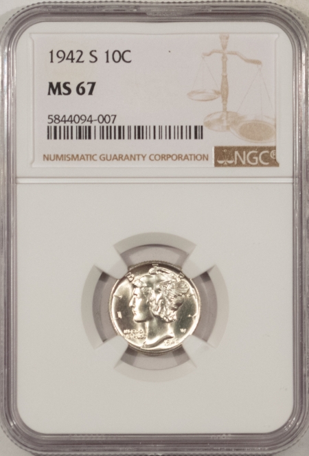 New Store Items 1942-S MERCURY DIME – NGC MS-67, FLASHY & VIRTUALLY FB!