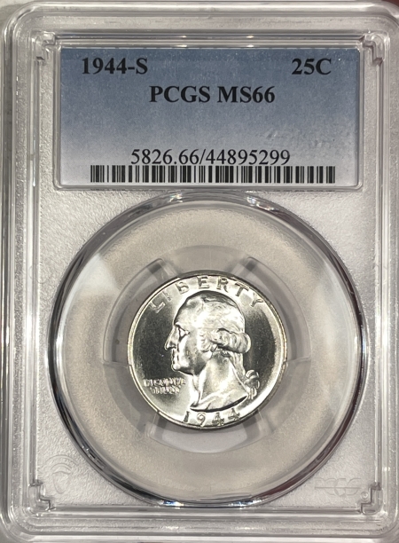 New Certified Coins 1944-S WASHINGTON QUARTER – PCGS MS-66, BLAST WHITE & PREMIUM QUALITY!