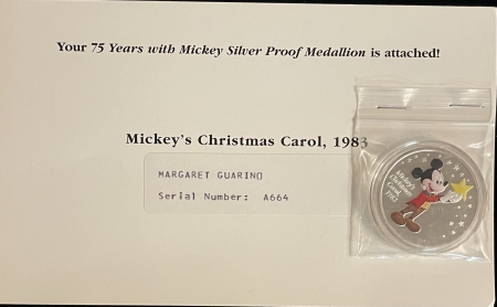 Exonumia DISNEY .999 SILVER ROUND – 2003 “MICKEY’S CHRISTMAS CAROL,1983” PROOF/ ORG CARD!