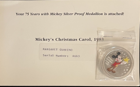 New Store Items DISNEY .999 SILVER ROUND – 2003 “MICKEY’S CHRISTMAS CAROL,1983” PROOF/ ORG CARD!